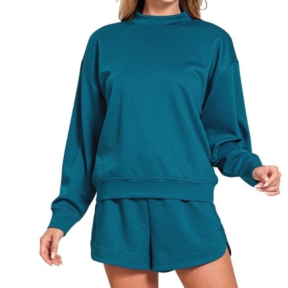 New Zenana Teal Medium Scuba Pullover Long Sleeve Lounge Short Set ROTP-4127Y
